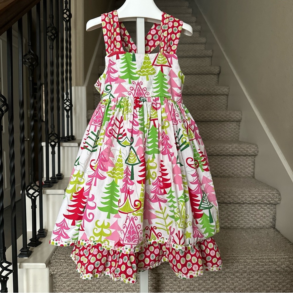 Jelly The Pug Christmas Tree Dress Girls Size 7Y Smocked Layered Flowy Christmas
